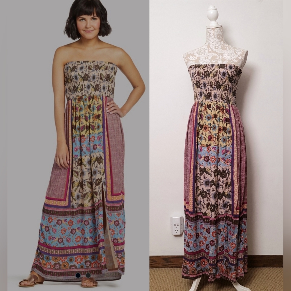 Raga Printed Strapless Maxi Tube Dress Boho Multi Floral Women's Size L